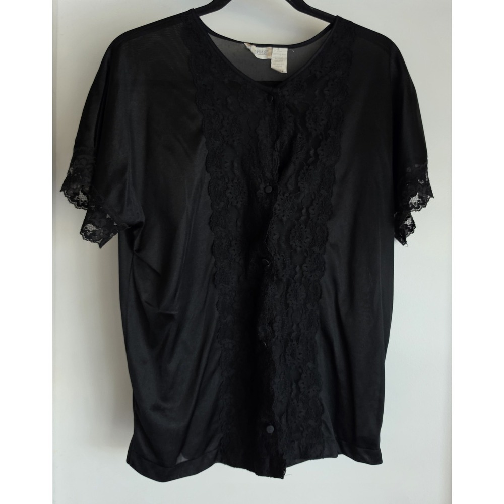 VTG Adonna Women S Black Short Sleeve Lounge Top Blouse Lace Detail